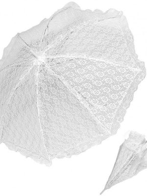 Ombrelle blanche en dentelle, avec manche plastique blanc, poignée courbée. Pour mariage, cérémonie, déguisement,... Hauteur : 70 cm. Diamètre : 83 cm.